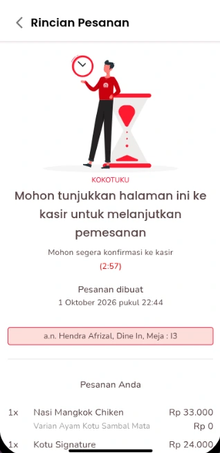 Halaman konfirmasi yang ditunjukkan ke kasir di Makanbang.id