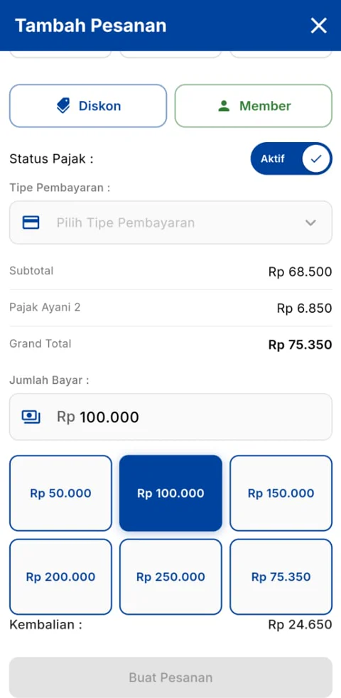 Memilih tipe dan jumlah pembayaran di MB POS