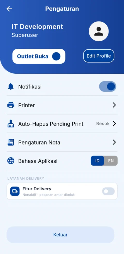 Pengaturan printer, nota, dan layanan delivery di MB POS