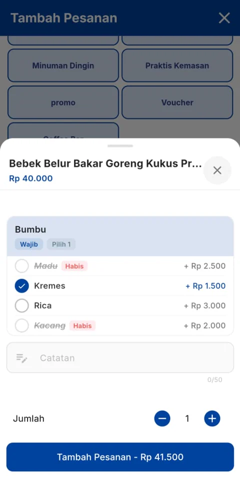 Memilih varian menu di MB POS, varian yang habis ditandai