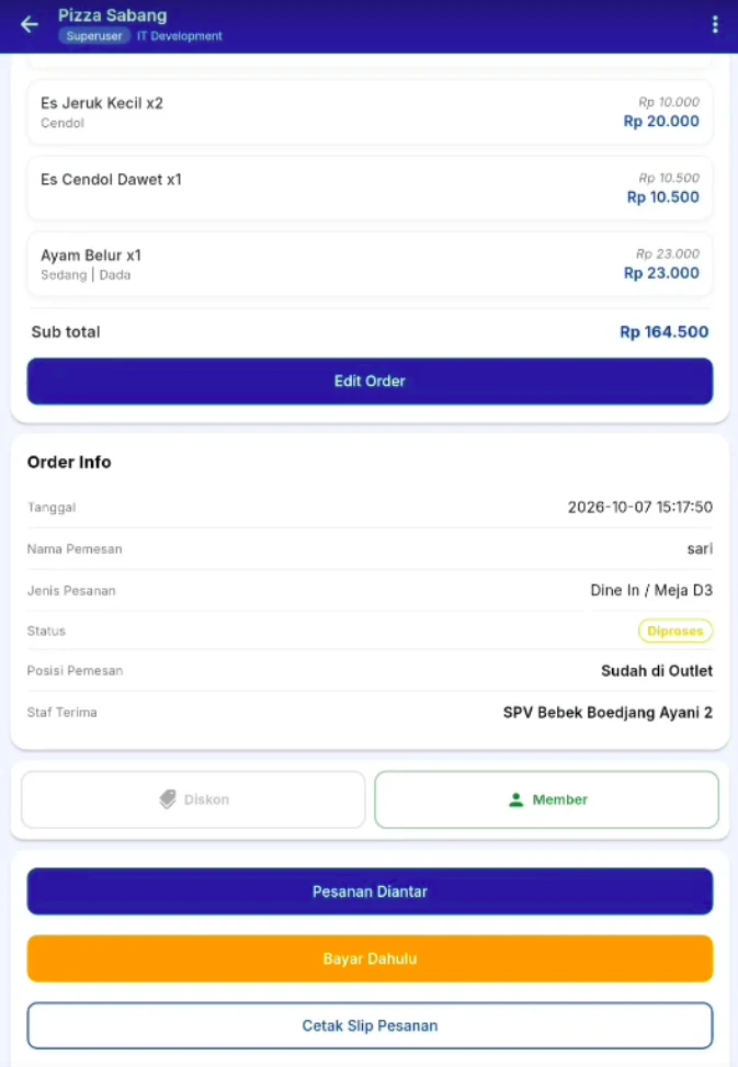 Detail order di MB POS di tablet